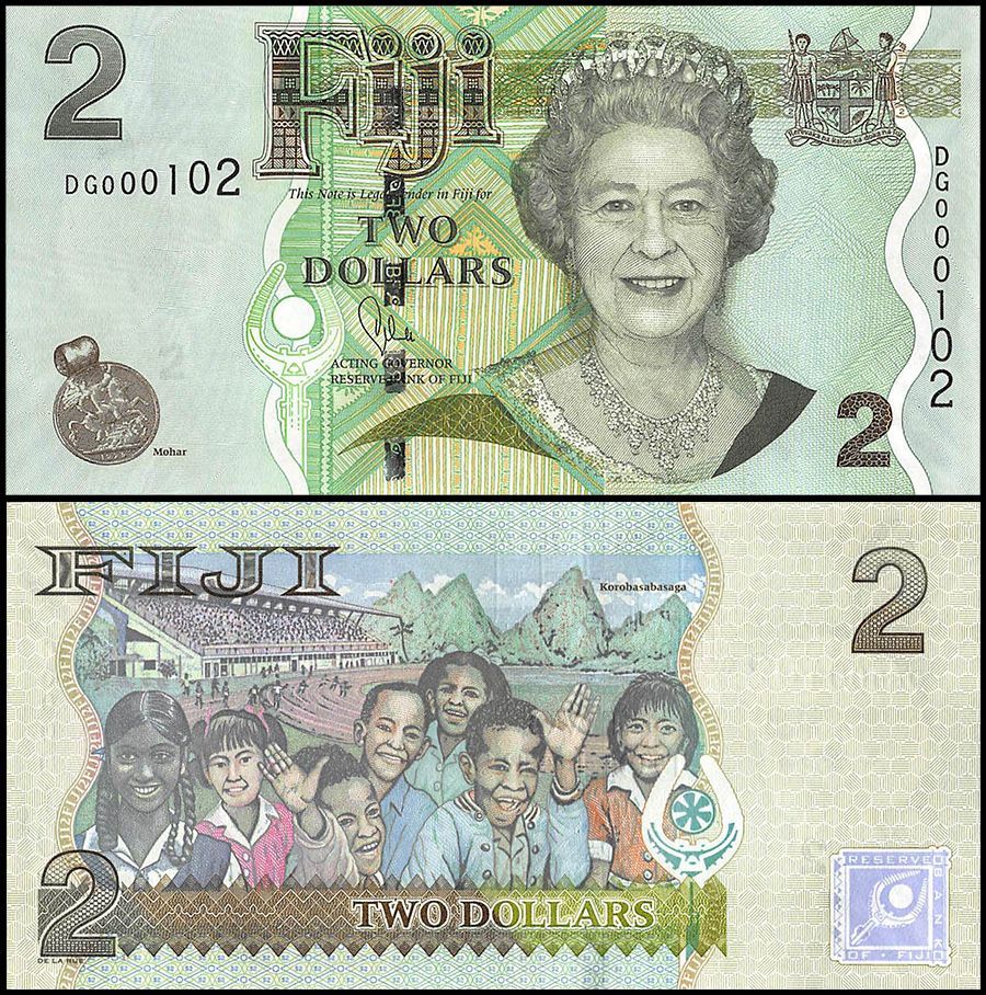 2 Fijian dollars from 2011 featuring Queen Elizabeth II on the obverse and the ANZ National Stadium in Suva with children on the reverse