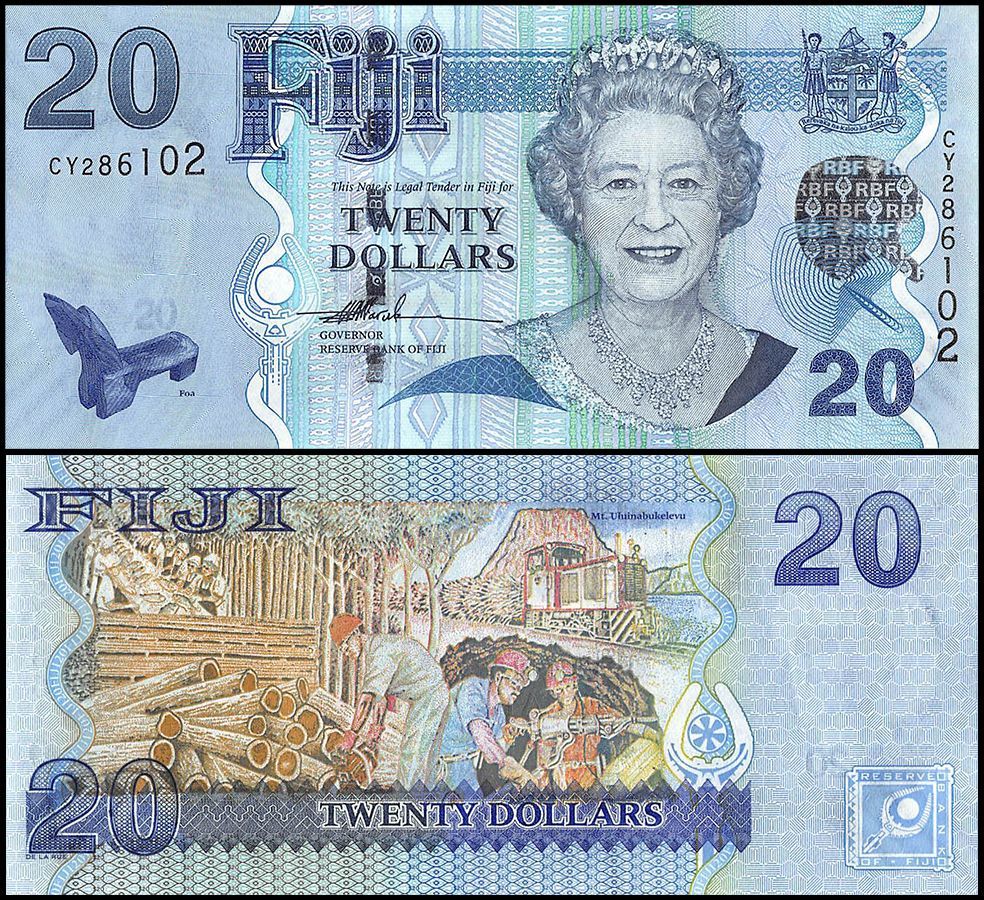Fiji 20 Dollars banknote featuring Queen Elizabeth II on the obverse and the work life of Fiji on the reverse
