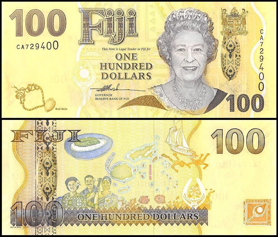 Fiji 100 dollars banknote featuring Queen Elizabeth II on the obverse and a map of the island with three musicians on the reverse