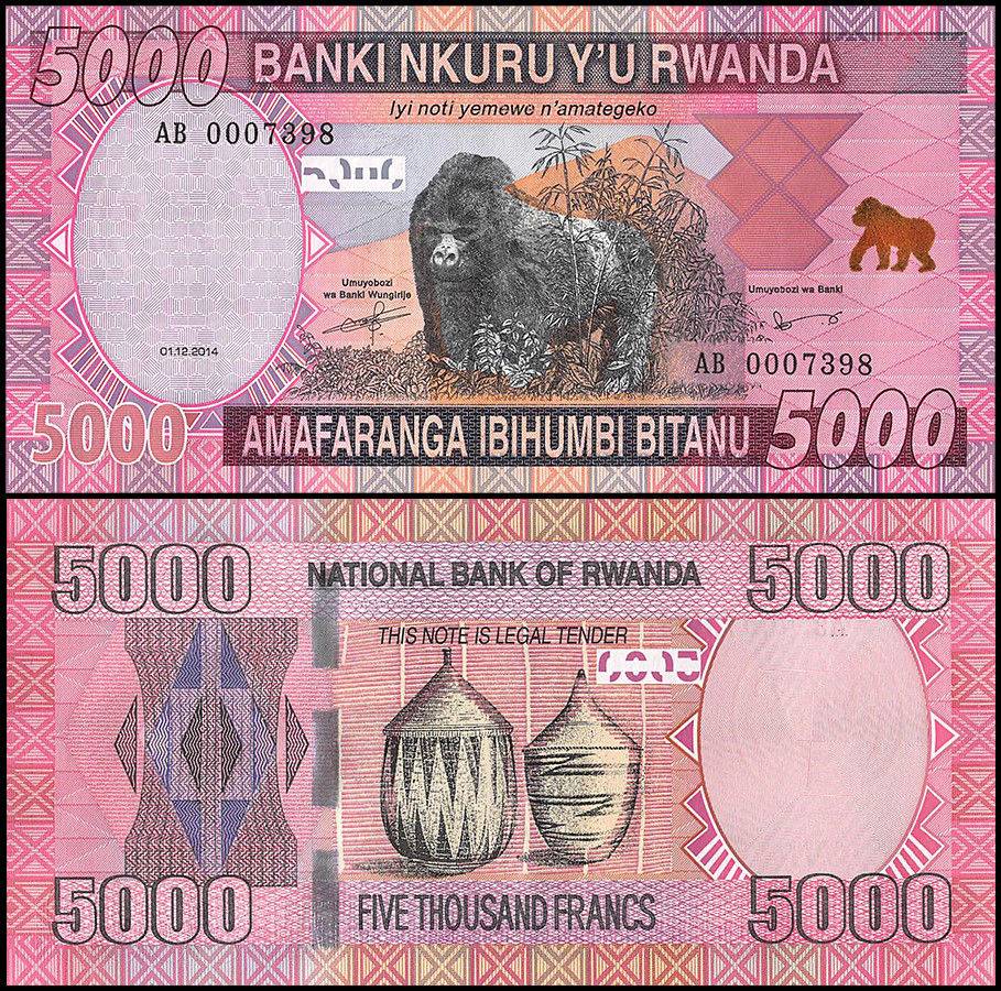 Rwanda 5000 franc banknote colored in red.