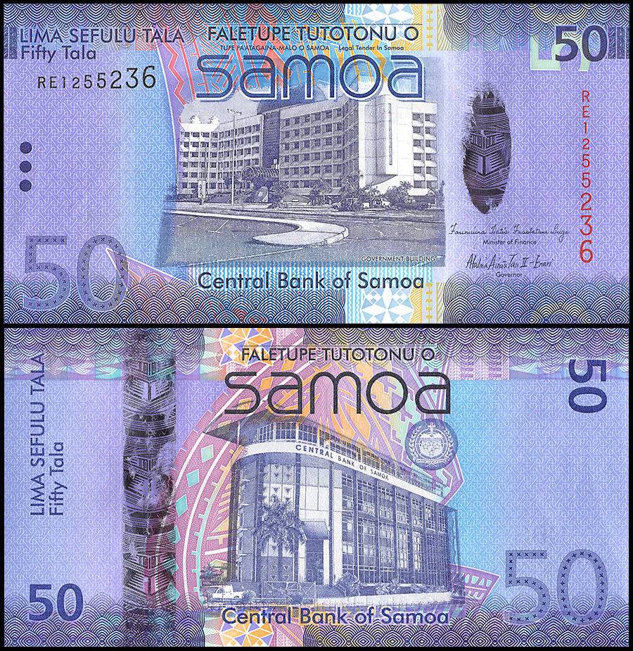 Samoa 50 Tala banknote colored in bright purple.