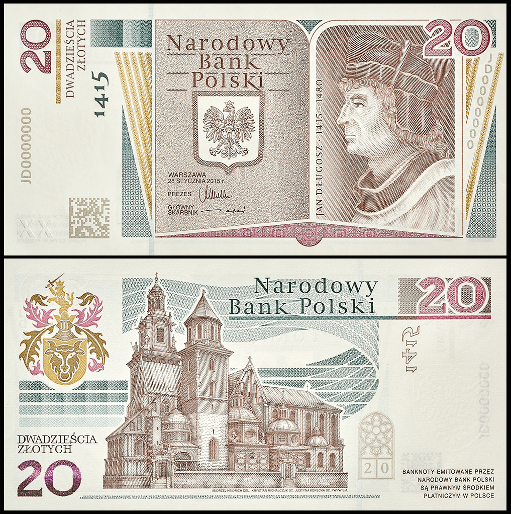 Polish 20 Zloty, 2015 colored in white, yellow, red and blue