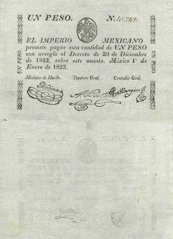 Mexico 1 Peso Banknote, 1823. First Mexican banknote.