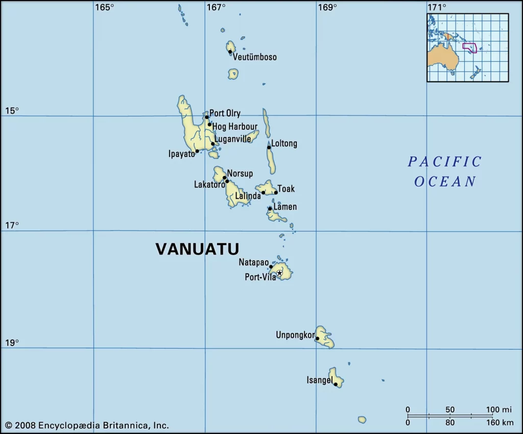Map of Vanuatu. The local currency is the Vatu