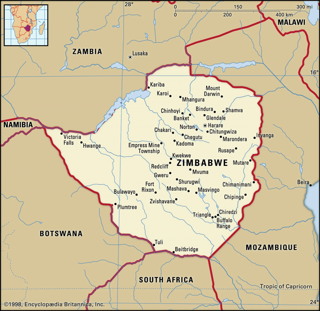 Map of Zimbabwe where the national currency is the Zimbabwe Dollar