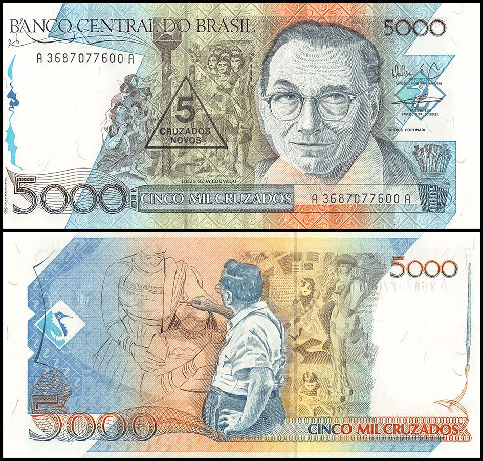 Brazil 5 Cruzados Novos on 5,000 Cruzados Banknote featuring Tiradentes 
