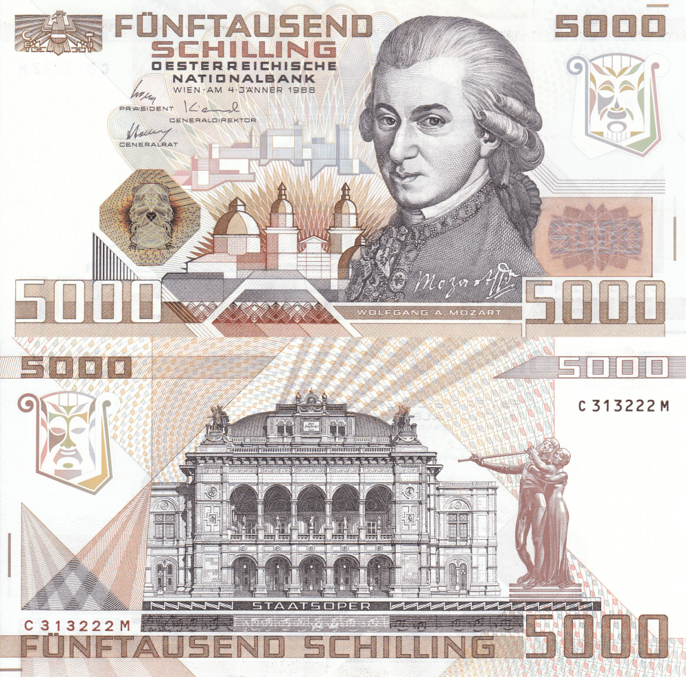 Autria 5,000 Schilling | 1988 | Ft. Mozart