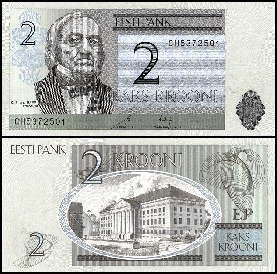 Estonia 2 Krooni Banknote, 2007 featuring portrait of Karl Ernst von Baer’s