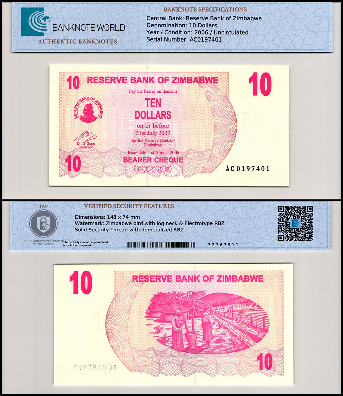 ZIMBABWE 10 DOLLARS 2006 P39 UNCIRCULATED 
