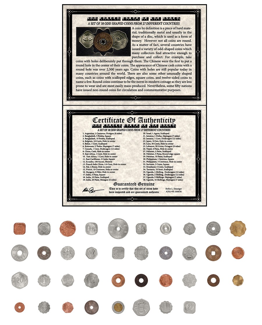38 ODD SHAPED COINS FROM 27 DIFFERENT COUNTRIES Collection of Special Shaped Coins with Identifier List & Album ODD SHAPED COINS OF THE WORLD 