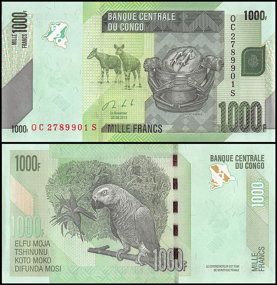 Details about   Congo DR 1000 Francs 30.06.2013 - Okapis/Parrots p101b UNC