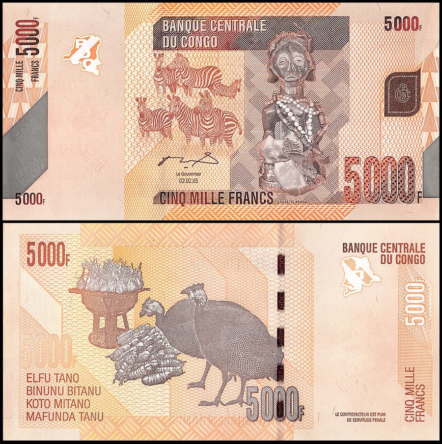 Congo DR 5000 Francs Carving/Zebras/Birds/p102a UNC 02.02.2005/2012 