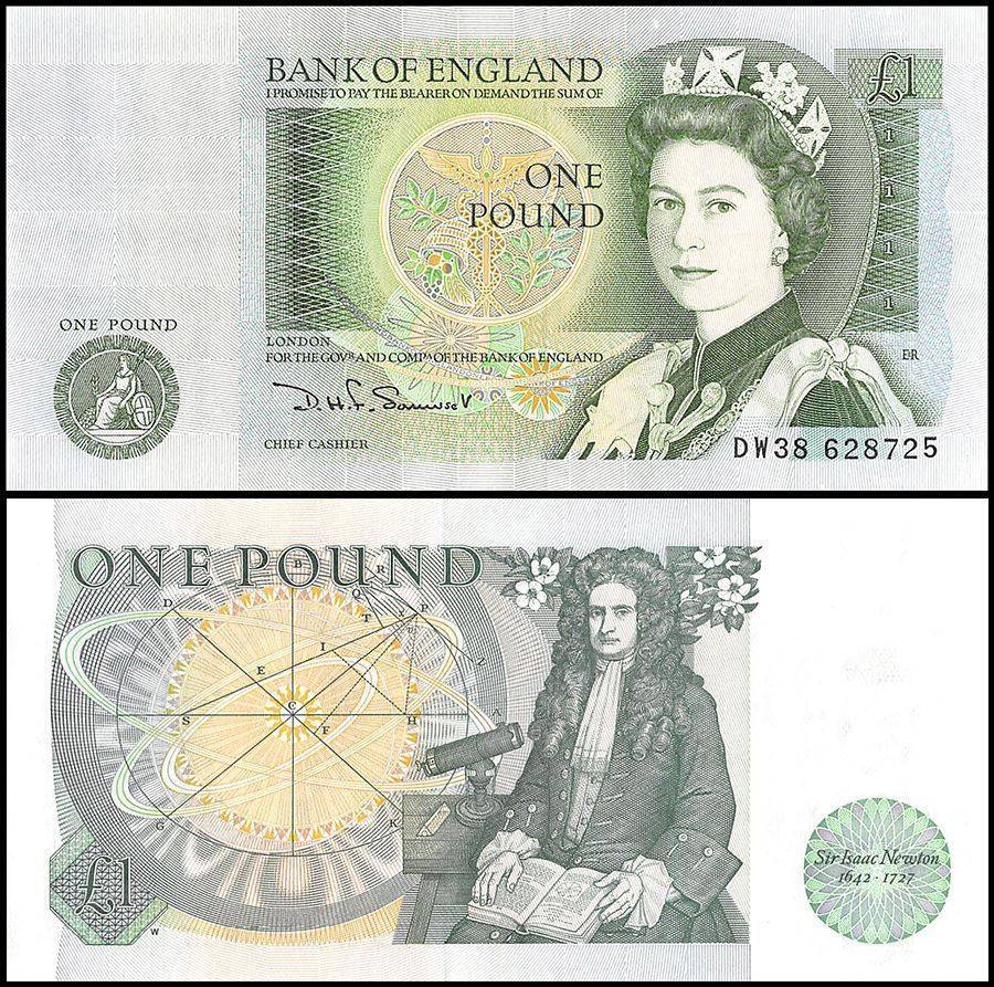 GREAT BRITAIN 1 POUND P377 QUEEN  ISSAC NEWTON UNC CURRENCY MONEY BILL BANK NOTE 