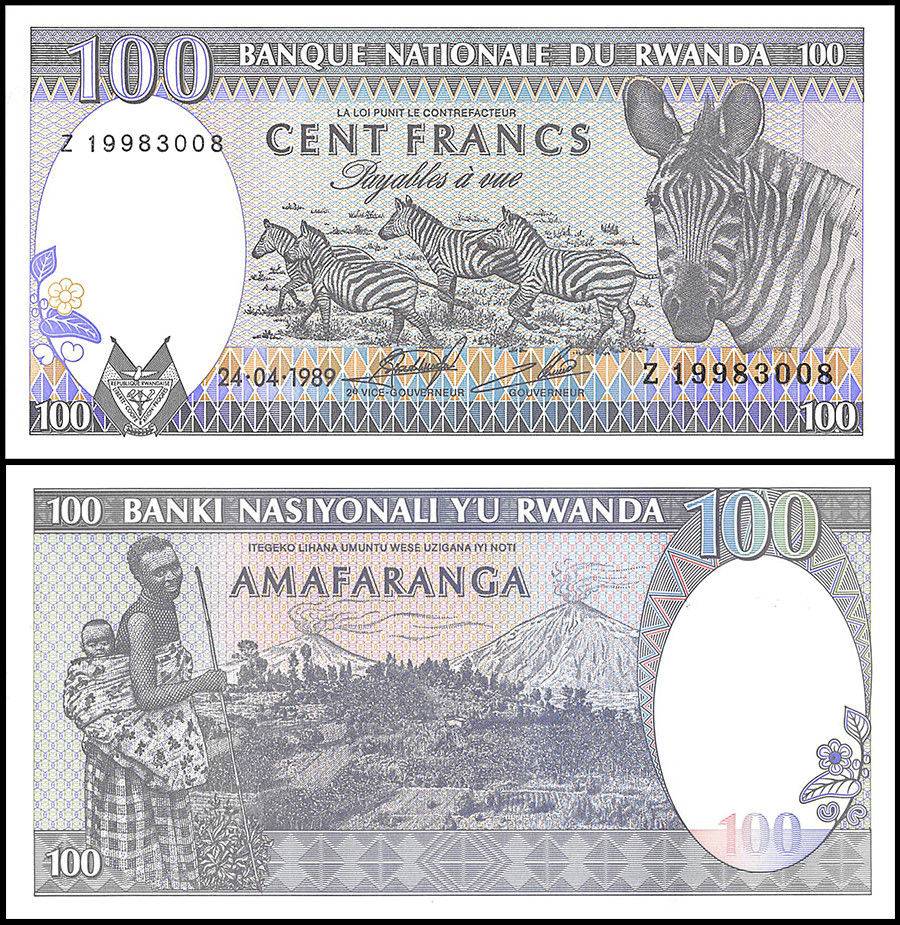 Rwanda P-19 100 Francs Year 24.41989 Zebras Uncirculated Banknote