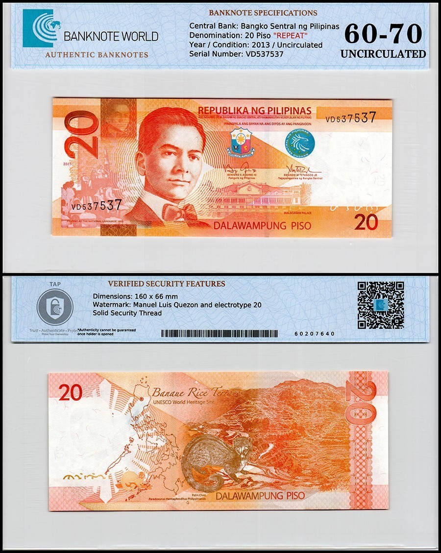 Philippines 20 Piso Colorful note with Civit/p206 UNC 2017G 