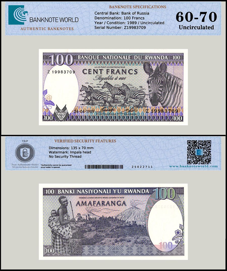 Rwanda P-19 100 Francs Year 24.41989 Zebras Uncirculated Banknote