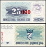 Bosnia & Herzegovina 25,000 Dinara on 25 Dinara Banknote, 1993, P-54b, UNC, Stamp Travnik