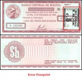 Bolivia 5 Centavos de Boliviano on 100,000 Pesos Bolivianos Banknote, D. 05.06.1984 (1987 ND), P-197x, UNC, Overprint, Error - 5 Centavos on front right