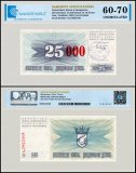 Bosnia & Herzegovina 25,000 Dinara on 25 Dinara Banknote, 1993, P-54d, UNC, Stamp Travnik, TAP 60-70 Authenticated
