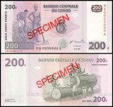 Congo Democratic Republic 200 Francs Banknote, 2007, P-99as, UNC, Specimen