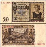 Germany 20 Reichsmark Banknote, 1939, P-185, Used