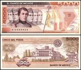 Mexico 5,000 Pesos Banknote, 1987, P-88b.6, UNC, Series HE