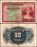 Spain 10 Pesetas Banknote, 1935, P-86, Used