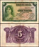 Spain 5 Pesetas Banknote, 1935, P-85, Used