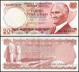 Turkey 20 Lira Banknote, L.1970 (1974 ND), P-187b, Used, Prefix I