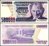Turkey 500,000 Lira Banknote, L.1970 (1998 ND), P-212a.2, UNC, Prefix M