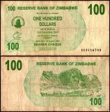 Zimbabwe 100 Dollars Bearer Cheque, 2006, P-42, Damaged