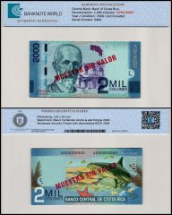 Costa Rica 2,000 Colones Banknote, 2009, P-275as, UNC, Specimen, TAP Authenticated