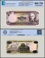 Nicaragua 100 Cordobas Banknote, 1984, P-141, UNC, Series F, TAP 60-70 Authenticated
