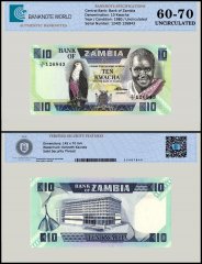 Zambia 10 Kwacha Banknote, 1980-1988 ND, P-26e, UNC, TAP 60-70 Authenticated