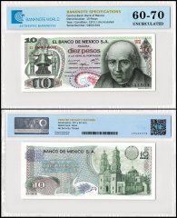 Mexico 10 Pesos Banknote, 1973, P-63f.2, UNC, Series 1CG, TAP 60-70 Authenticated