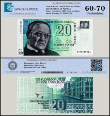Finland 20 Markkaa Banknote, 1993 (1997 ND), P-123a.7, UNC, TAP 60-70 Authenticated