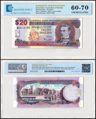 Barbados 20 Dollars Banknote, 2007, P-69a, UNC, TAP 60-70 Authenticated
