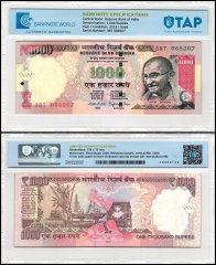 India 1,000 Rupees Banknote, 2015, P-107n, Used, Plate Letter R, TAP Authenticated