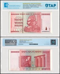 Zimbabwe 20 Trillion Dollars Banknote, 2008, AA, P-89s, UNC, Specimen, TAP Authenticated