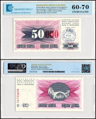 Bosnia & Herzegovina 50,000 Dinara on 50 Dinara Banknote, 1993, P-55d, UNC, Stamp Travnik, TAP 60-70 Authenticated