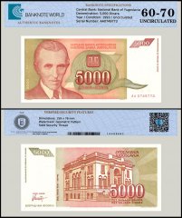 Yugoslavia 5,000 Dinara Banknote, 1993, P-128, UNC, TAP 60-70 Authenticated