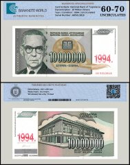 Yugoslavia 10 Million Dinara Banknote, 1994, P-144, UNC, TAP 60-70 Authenticated