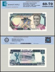 Zambia 10 Kwacha Banknote, 1989-1991 ND, P-31b, UNC, TAP 60-70 Authenticated