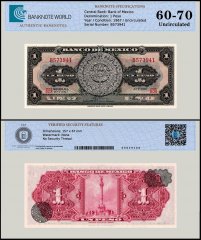 Mexico 1 Peso Banknote, 1967, P-59j.6, UNC, Series BDX, TAP 60-70 Authenticated