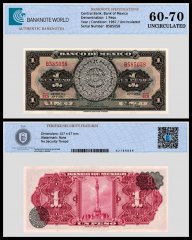 Mexico 1 Peso Banknote, 1967, P-59j, UNC, Series BEA, TAP 60-70 Authenticated