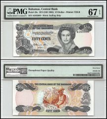 Bahamas 1/2 Dollar, 1974 - ND 1984, P-42a, Queen Elizabeth II, PMG 67