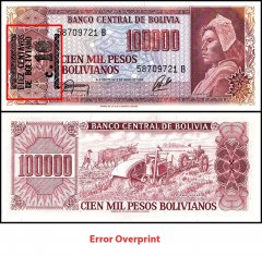 Bolivia 10 Centavos de Boliviano on 100,000 Pesos Bolivianos Banknote, D. 05.06.1984 (1987 ND), P-196Ax.1, UNC, Overprint, Error - 10 Centavos on front left