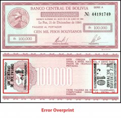 Bolivia 10 Centavos de Boliviano on 100,000 Pesos Bolivianos Banknote, D. 05.06.1984 (1987 ND), P-197x.2, UNC, Overprint - 10 Centavos on back right, Error - 1 Centavo on back left