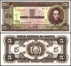Bolivia 5 Bolivianos Banknote, L.1945 (1952 ND), P-138a.3, UNC