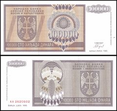 Bosnia & Herzegovina 100,000 Dinara Banknote, 1993, P-141, UNC